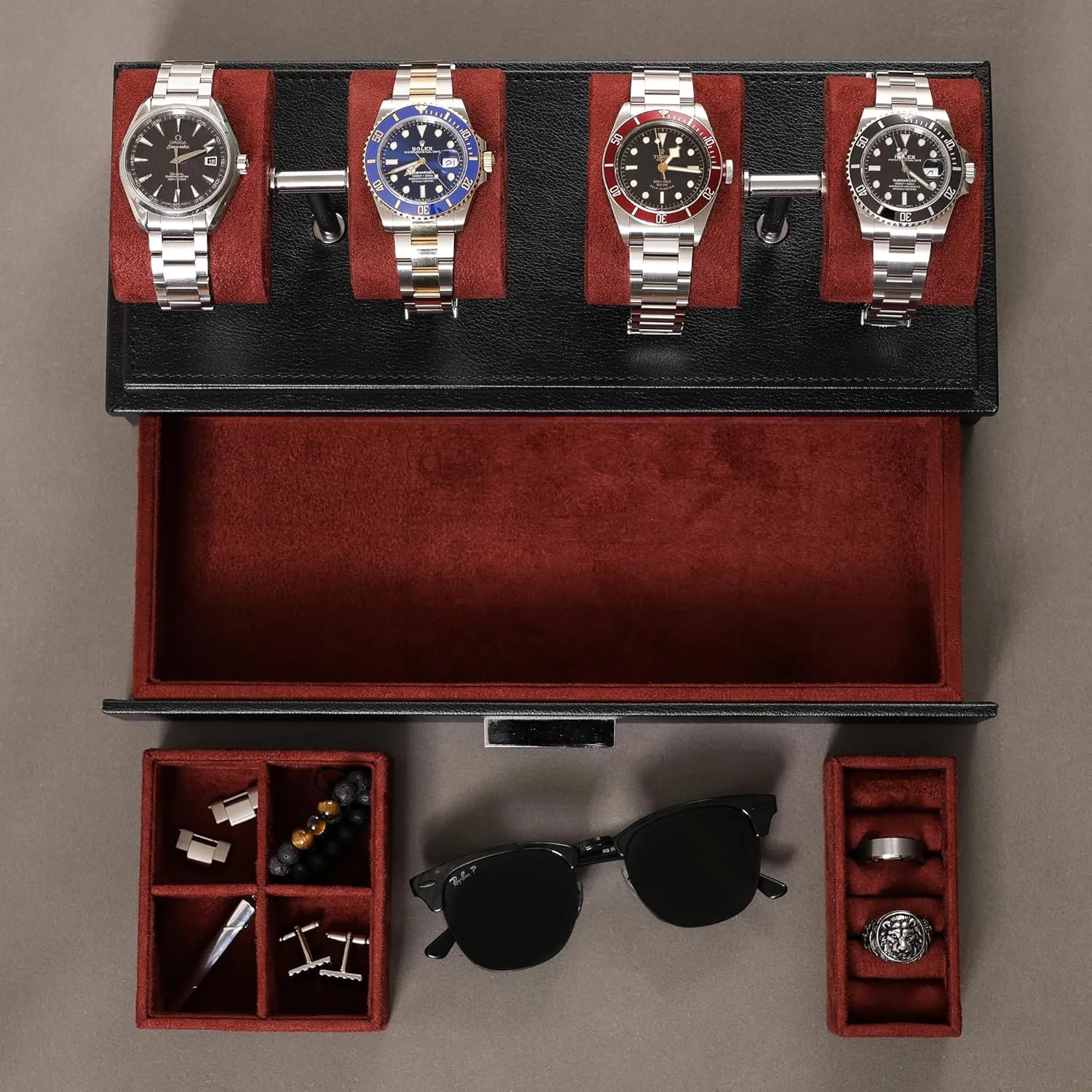 Case for 4 Watches �C circumstance buildup Leather Watch Box with Acrylic Cover and Removable Slide in Cushions �C Accessory Drawer with Multiple Configurations (Black/Red) ROTHWELL Luxury Watch Display 