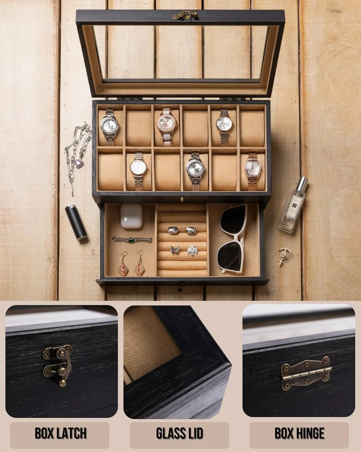 Case for Men Women with Large Glass Lid, Wooden Watch Display Storage Box with 2 - Layers & 12 - Slots, Charcoal Black Mens Watch Box superorganisms Organizer Watch Box, Watch 