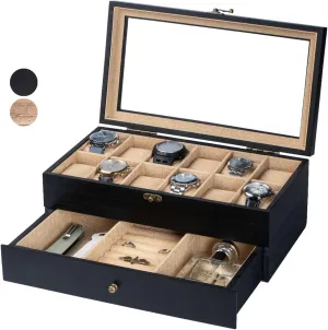 Case for Men Women with Large Glass Lid, Wooden Watch Display Storage Box with 2 - Layers & 12 - Slots, Charcoal Black Mens Watch Box superorganisms Organizer Watch Box, Watch 