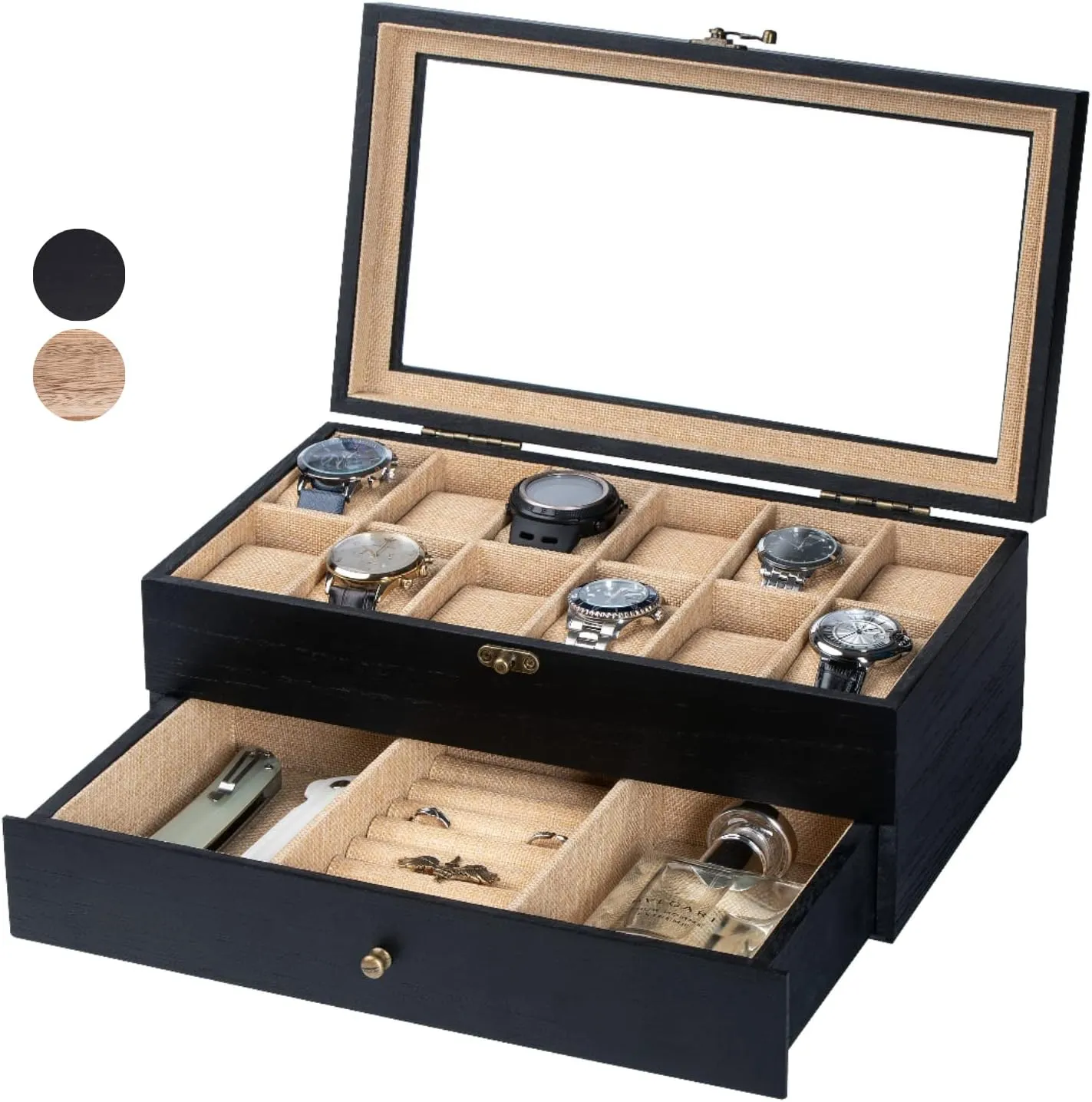 Case for Men Women with Large Glass Lid, Wooden Watch Display Storage Box with 2 - Layers & 12 - Slots, Charcoal Black Mens Watch Box superorganisms Organizer Watch Box, Watch 