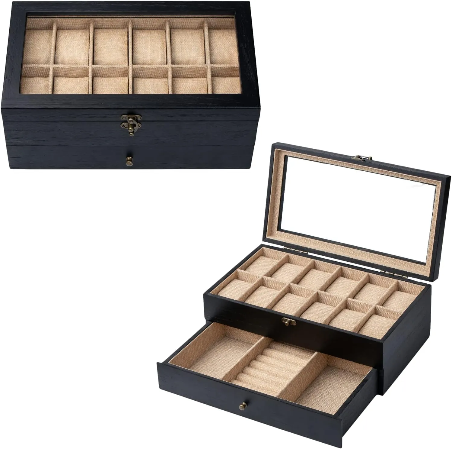 Case for Men Women with Large Glass Lid, Wooden Watch Display Storage Box with 2 - Layers & 12 - Slots, Charcoal Black Mens Watch Box superorganisms Organizer Watch Box, Watch 