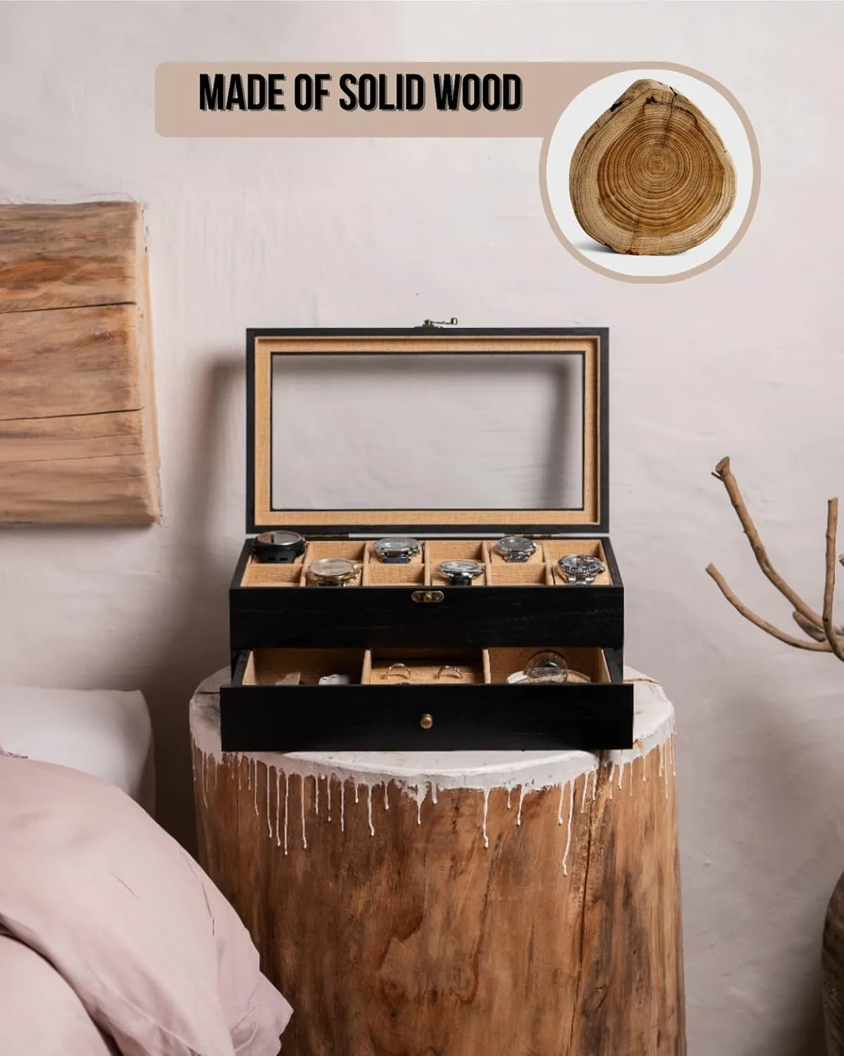 Case for Men Women with Large Glass Lid, Wooden Watch Display Storage Box with 2 - Layers & 12 - Slots, Charcoal Black Mens Watch Box superorganisms Organizer Watch Box, Watch 