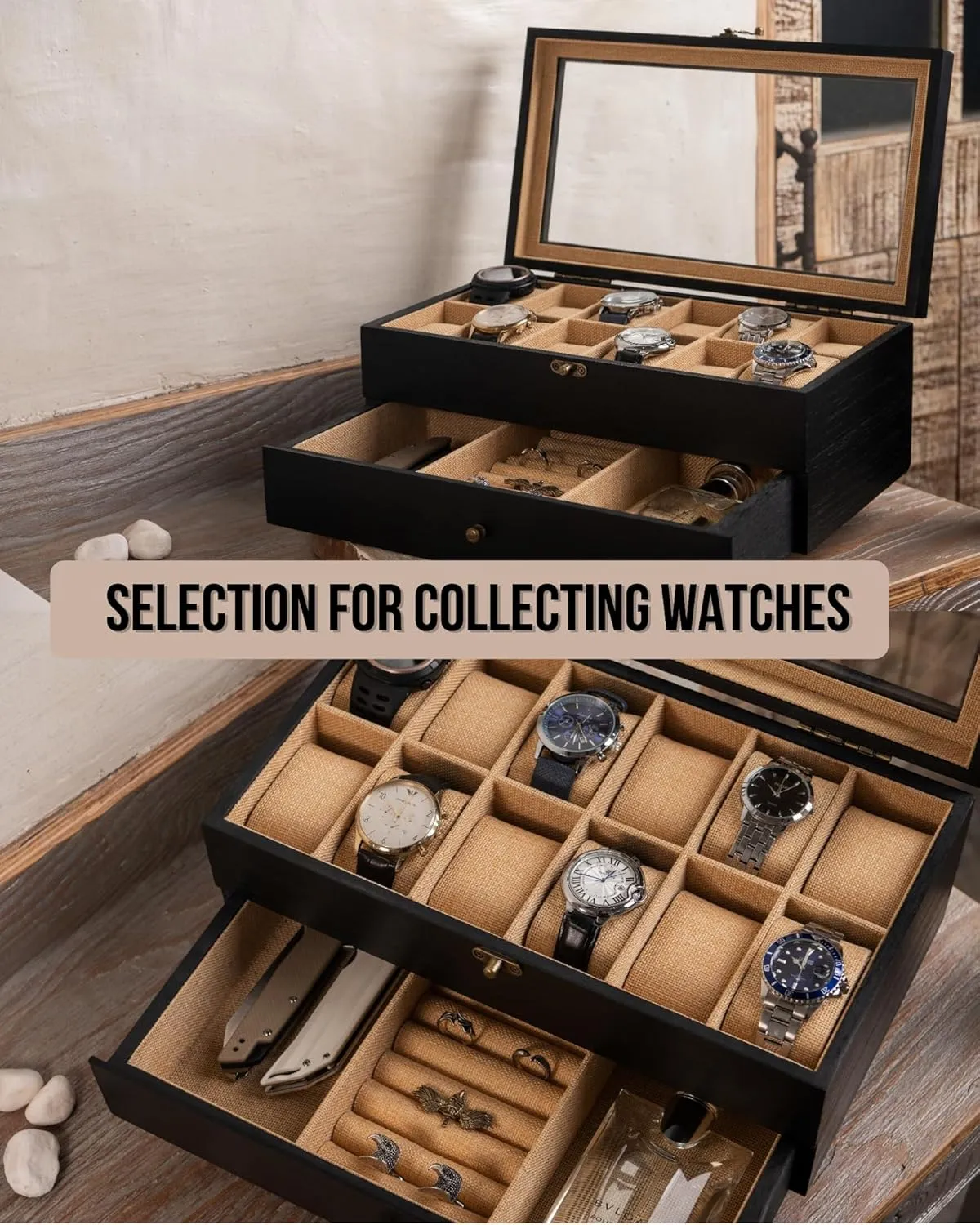 Case for Men Women with Large Glass Lid, Wooden Watch Display Storage Box with 2 - Layers & 12 - Slots, Charcoal Black Mens Watch Box superorganisms Organizer Watch Box, Watch 