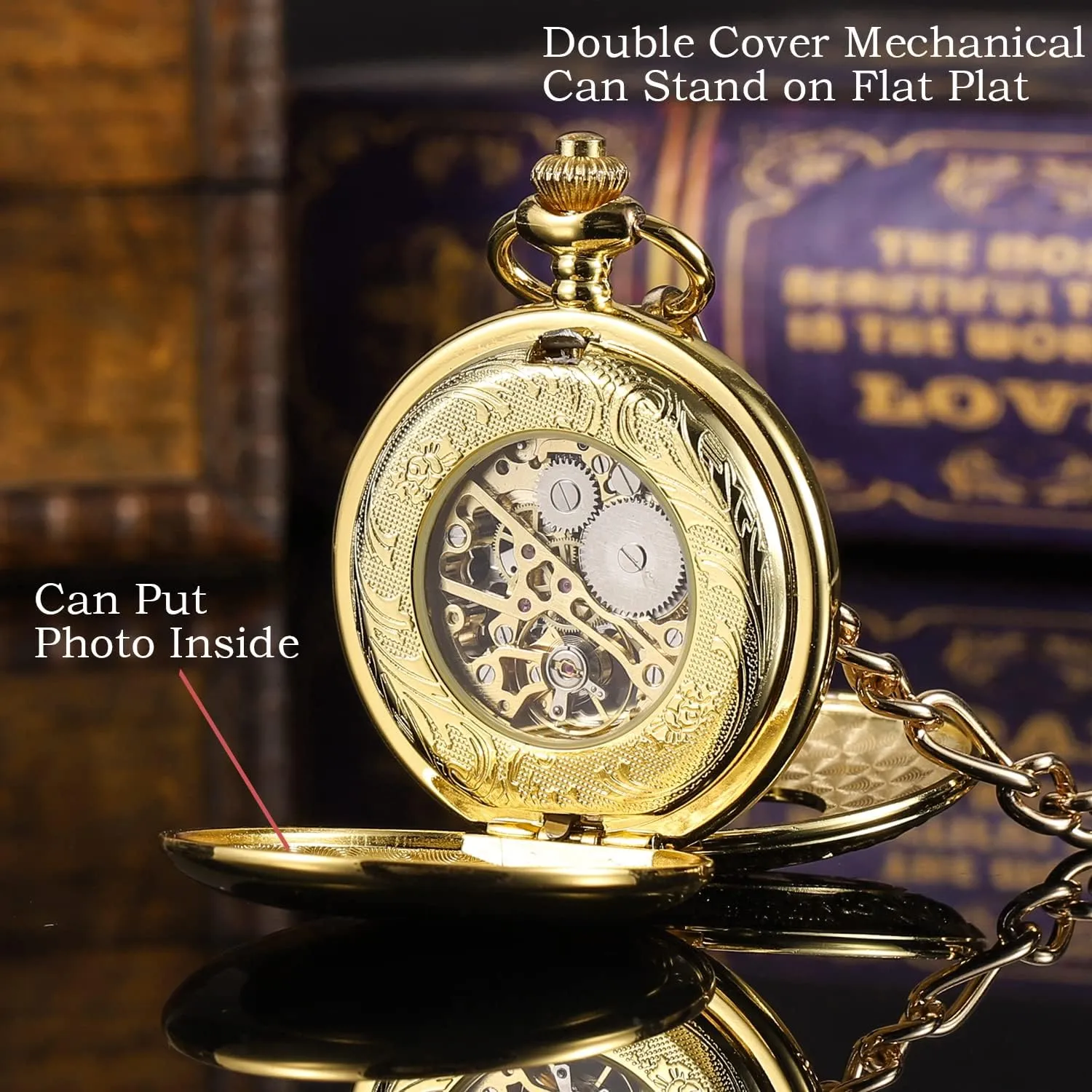 Case Hand-Wind Roman Numerals Antique Chain hardness photographer Mens SIBOSUN Pocket Watch Skeleton Mechanical Double 