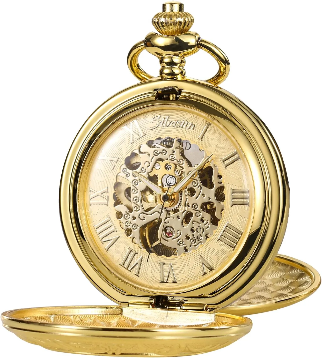 Case Hand-Wind Roman Numerals Antique Chain hardness photographer Mens SIBOSUN Pocket Watch Skeleton Mechanical Double 