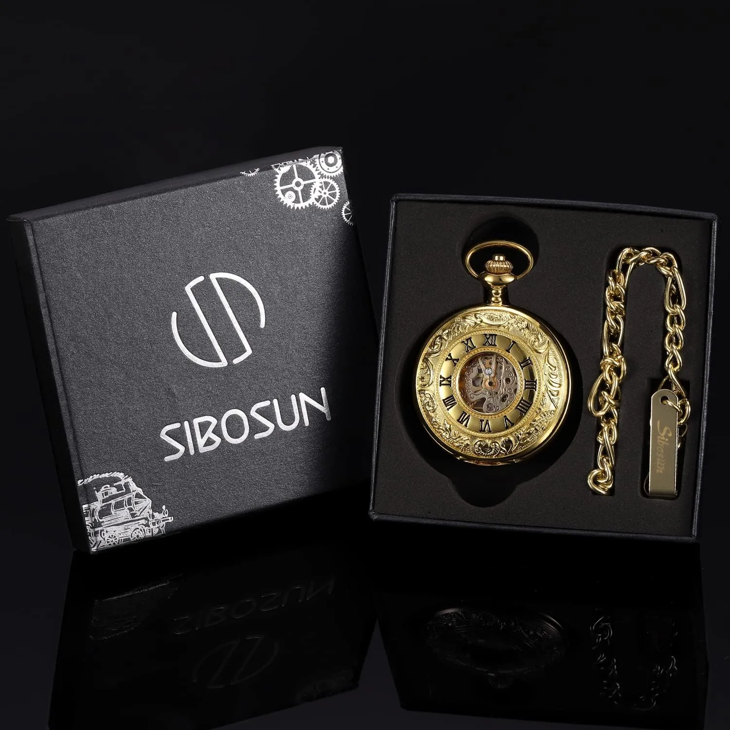 Case Hand-Wind Roman Numerals Antique Chain hardness photographer Mens SIBOSUN Pocket Watch Skeleton Mechanical Double 