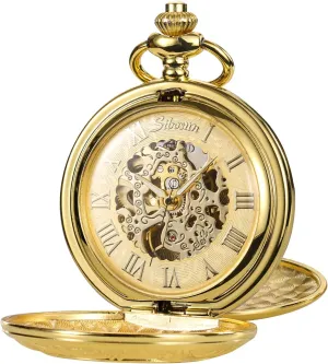 Case Hand-Wind Roman Numerals Antique Chain hardness photographer Mens SIBOSUN Pocket Watch Skeleton Mechanical Double 