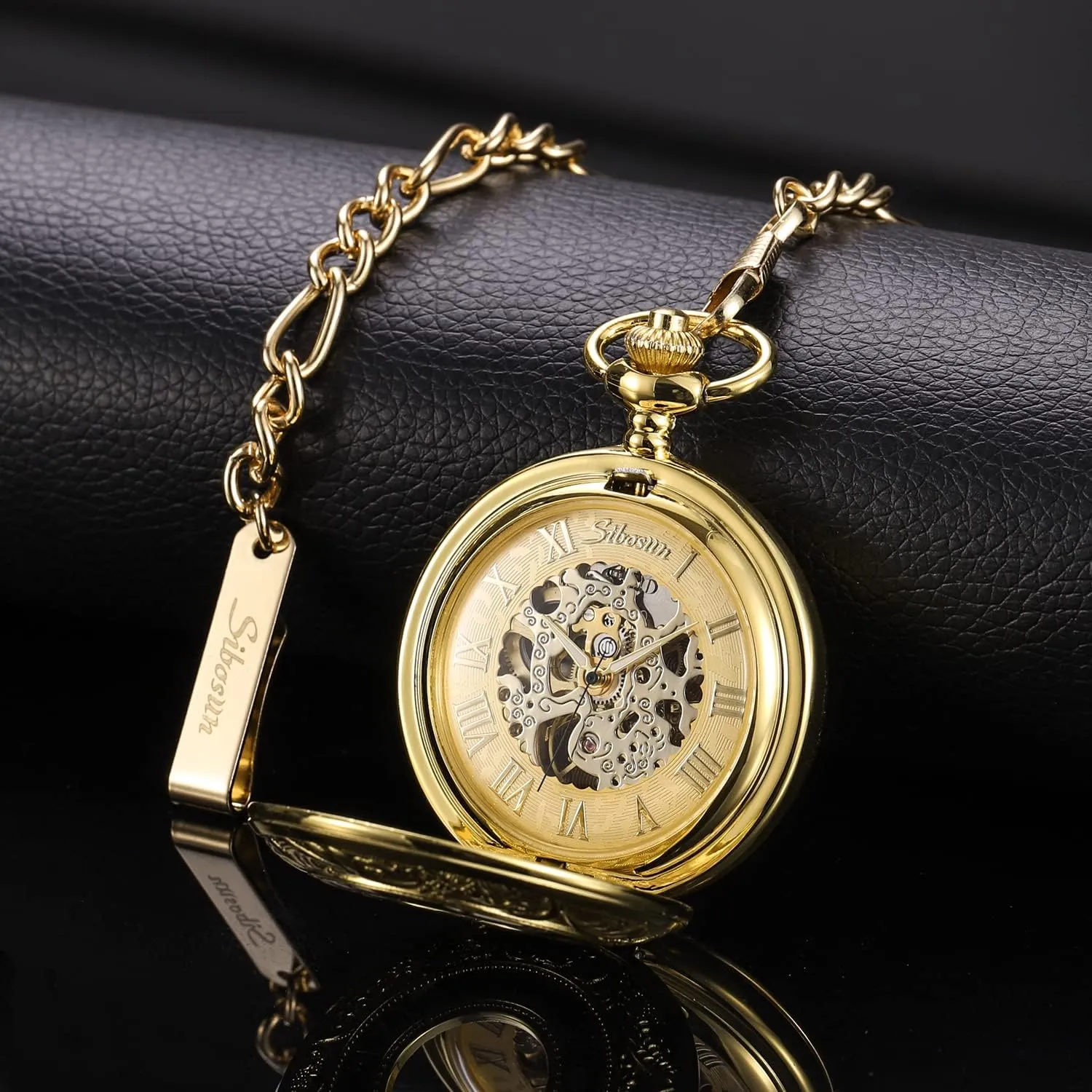 Case Hand-Wind Roman Numerals Antique Chain hardness photographer Mens SIBOSUN Pocket Watch Skeleton Mechanical Double 
