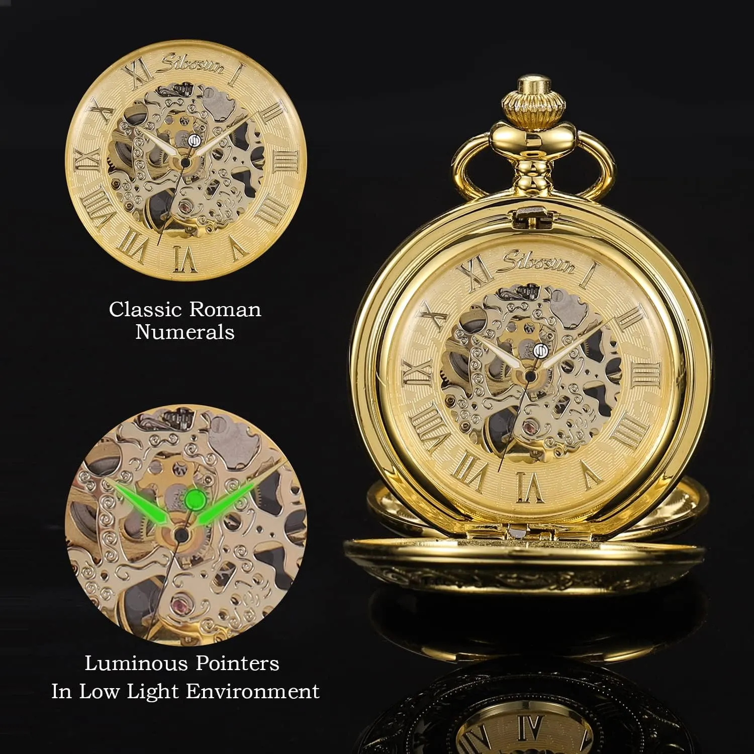 Case Hand-Wind Roman Numerals Antique Chain hardness photographer Mens SIBOSUN Pocket Watch Skeleton Mechanical Double 
