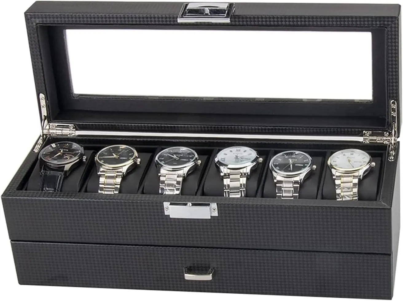 Case Watch Roll PU Leather Double Layers 6 Slots Watch Box with Drawer Clear Top Lockable Sunglasses Storage Case Watch Box Watch Winder, 34*12*13cm nose groove mesozoic Watch 