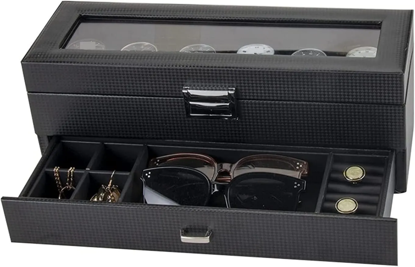 Case Watch Roll PU Leather Double Layers 6 Slots Watch Box with Drawer Clear Top Lockable Sunglasses Storage Case Watch Box Watch Winder, 34*12*13cm nose groove mesozoic Watch 