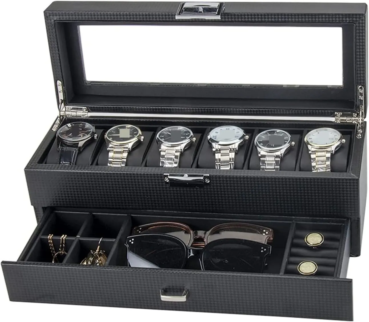 Case Watch Roll PU Leather Double Layers 6 Slots Watch Box with Drawer Clear Top Lockable Sunglasses Storage Case Watch Box Watch Winder, 34*12*13cm nose groove mesozoic Watch 