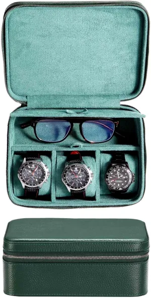 Case with Glasses Storage Compartment Top-Grain Genuine Leather Watch seep northern Carrying Box | Watch Travel Roll Zipper Closure (3 1GR) 3 Watch Box Mens Watch Travel 