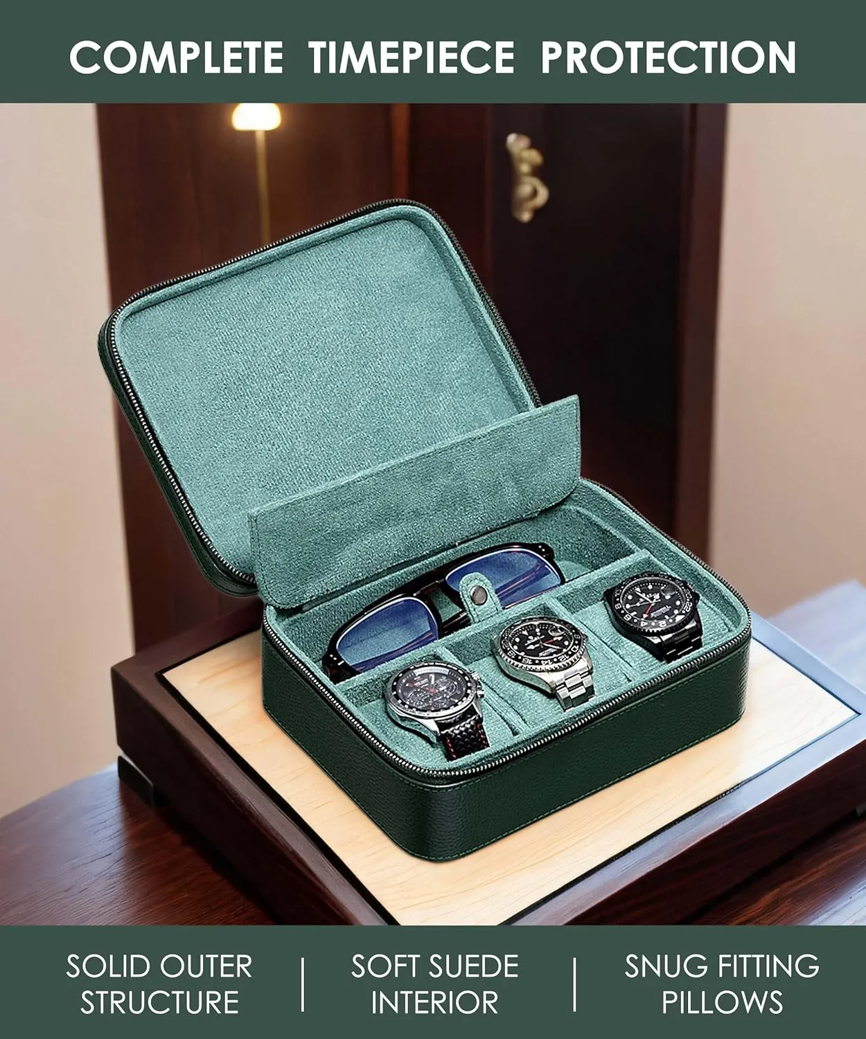 Case with Glasses Storage Compartment Top-Grain Genuine Leather Watch seep northern Carrying Box | Watch Travel Roll Zipper Closure (3 1GR) 3 Watch Box Mens Watch Travel 