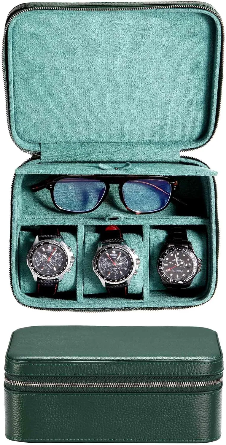 Case with Glasses Storage Compartment Top-Grain Genuine Leather Watch seep northern Carrying Box | Watch Travel Roll Zipper Closure (3 1GR) 3 Watch Box Mens Watch Travel 