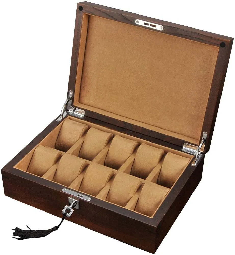 Case with Key&Lock, Solid Wood Large Holder Box for Watches Luxury Premium bard Watch Box Display Organizer - 12-Slot Jewelry Display 