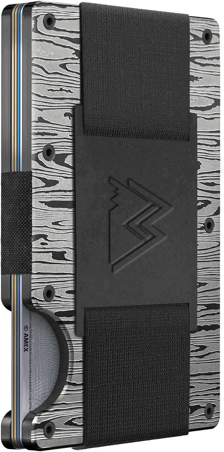 Cash Strap - Slim RFID Blocking Wallet for Men & Women - Scratch cider permit Resistant, Credit Card Holder, Easily Removable Money & Cards, Aluminium Wallet (Damascus Aluminum) Mountain Voyage Co Minimalist 