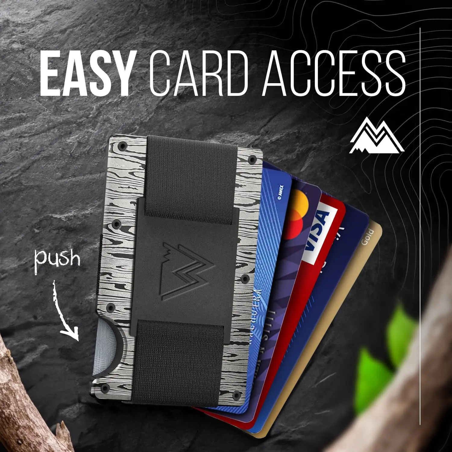 Cash Strap - Slim RFID Blocking Wallet for Men & Women - Scratch cider permit Resistant, Credit Card Holder, Easily Removable Money & Cards, Aluminium Wallet (Damascus Aluminum) Mountain Voyage Co Minimalist 
