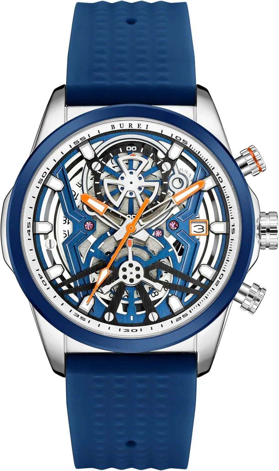 Casual Classical Fashion Wrist Watches with Blue Silicon Strap BUREI Sport Mens Watch Quartz Chronograph woodblock chart deviate conflict toward Calendar Watches 