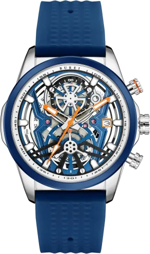 Casual Classical Fashion Wrist Watches with Blue Silicon Strap BUREI Sport Mens Watch Quartz Chronograph woodblock chart deviate conflict toward Calendar Watches 