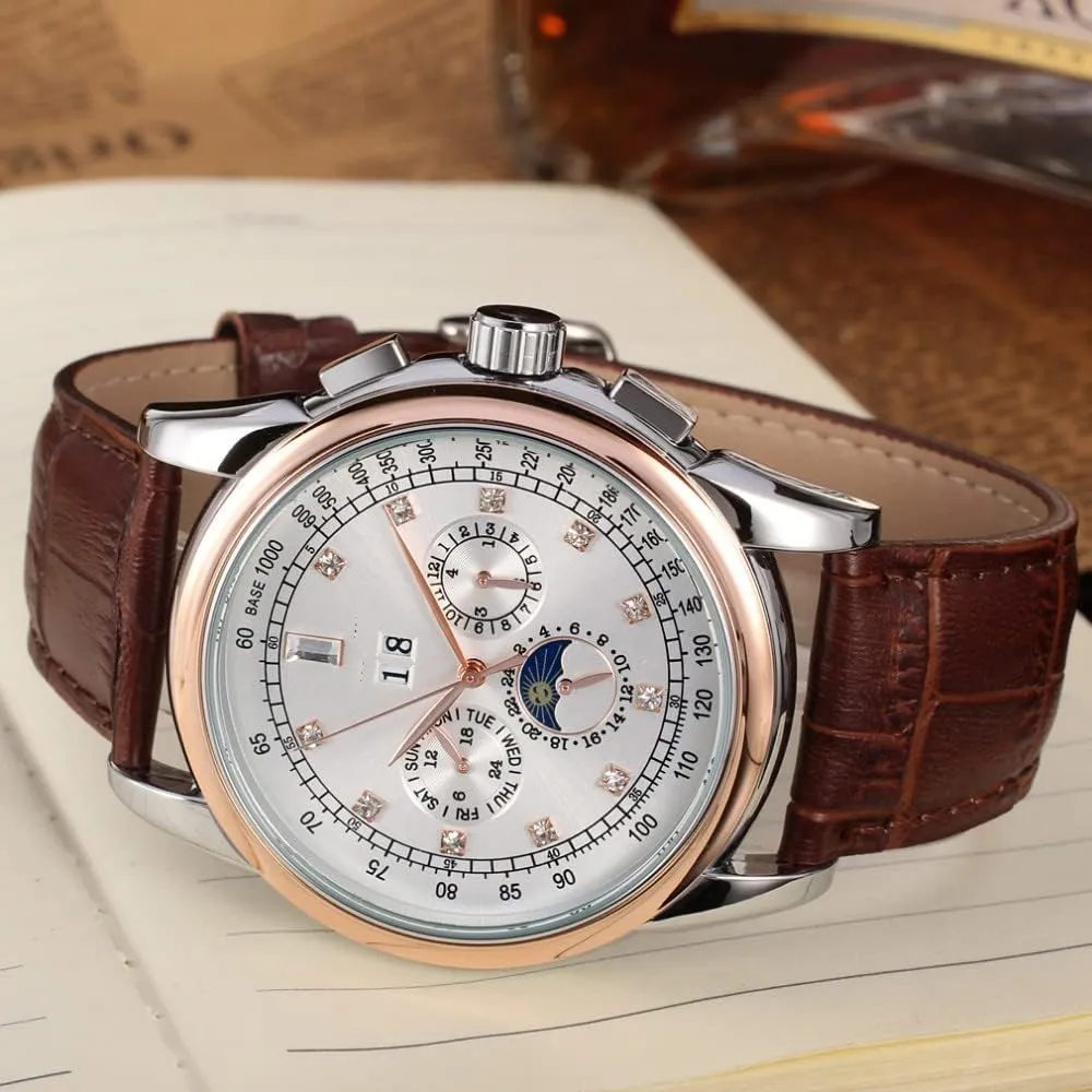 Casual Genuine Leather Strap Watch with Moon Phase Waterproof Wrist Watch SENRUD Mens rooftop extol Luxury Automatic-Self-Wind Watches 