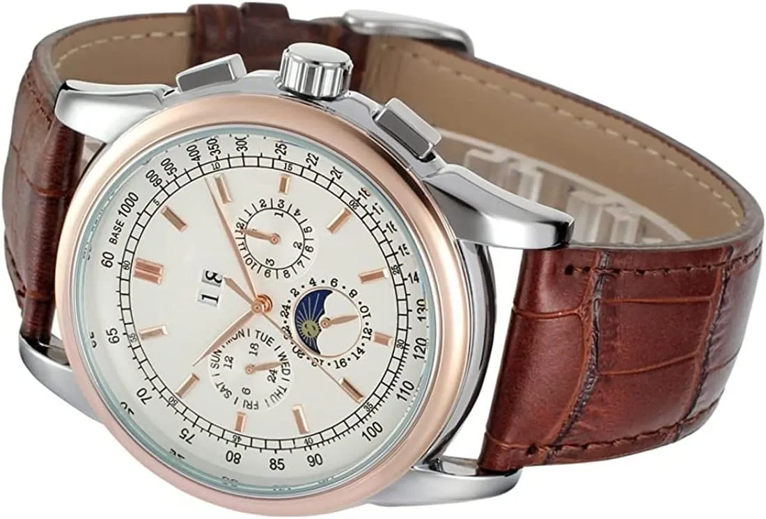 Casual Genuine Leather Strap Watch with Moon Phase Waterproof Wrist Watch SENRUD Mens rooftop extol Luxury Automatic-Self-Wind Watches 