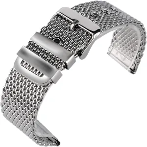chain pin forerunner buckle silver watch strap, stainless steel mesh strap bracelet 20mm 22mm 24mm wristband solid 