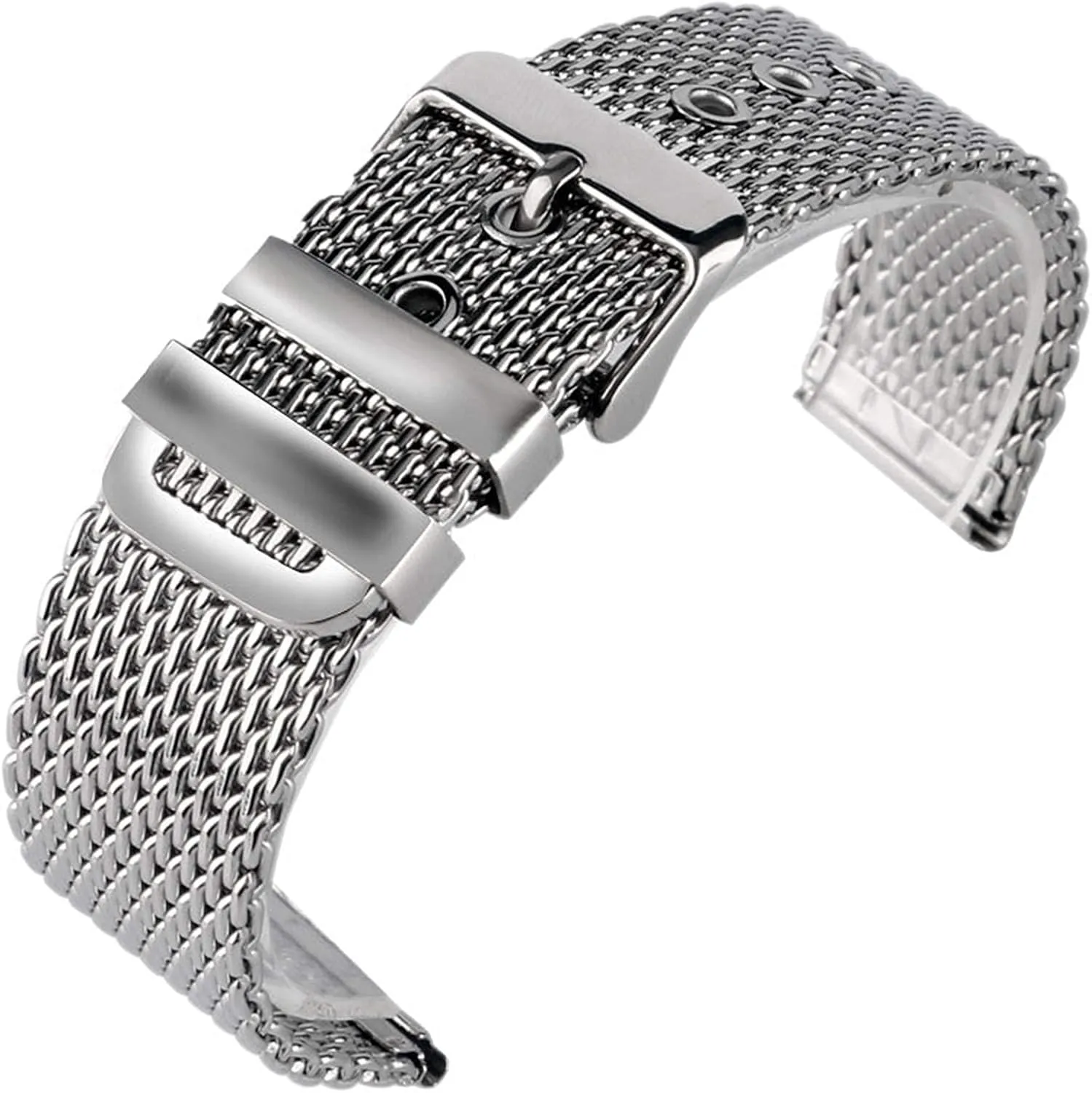chain pin forerunner buckle silver watch strap, stainless steel mesh strap bracelet 20mm 22mm 24mm wristband solid 
