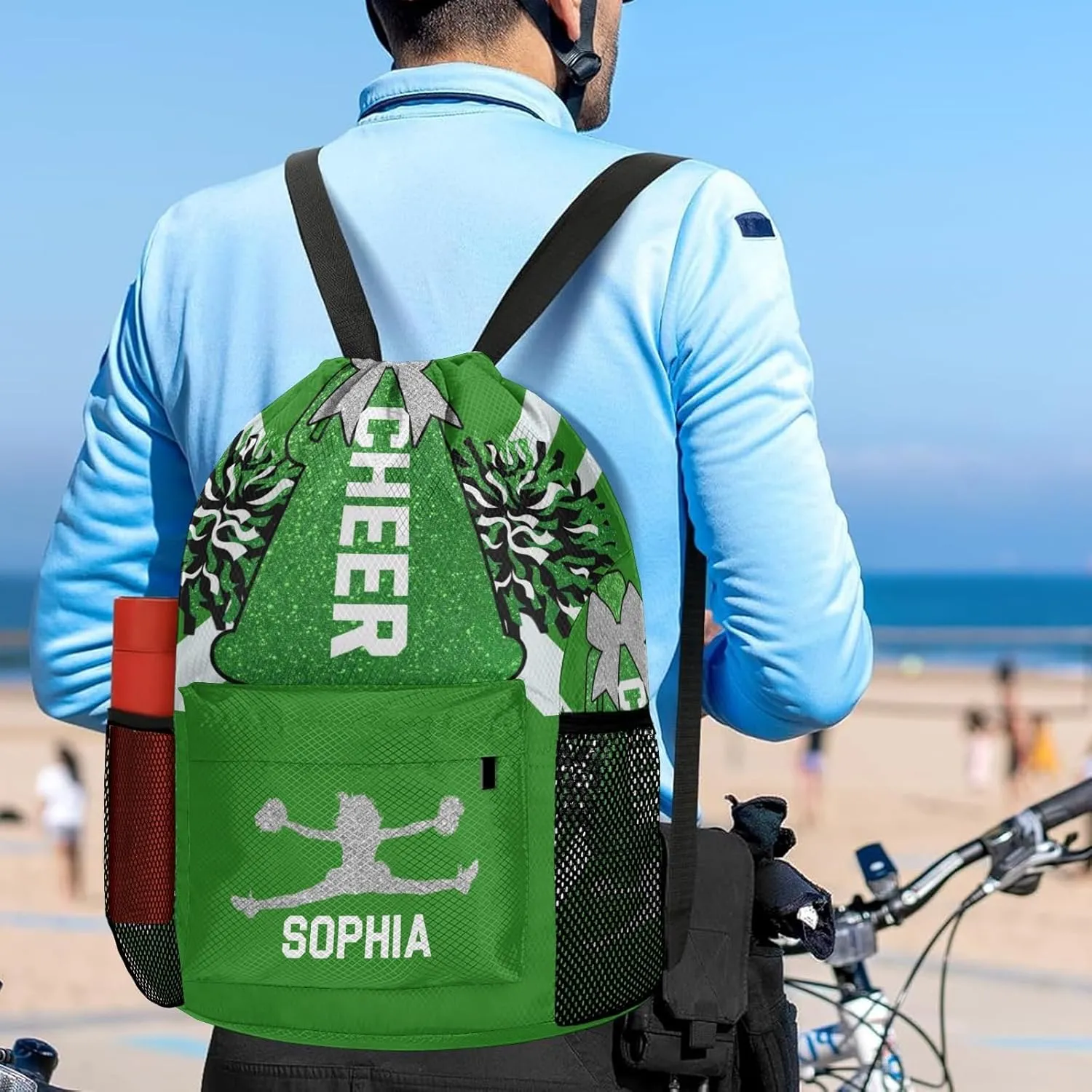 Cheer Green White Cheerleader dispense dwindle Bag with Side Pocket Pocket Water-Resistant String Backpack Cinch for Women Men Personalized Drawstring Backpack Sports Gym 