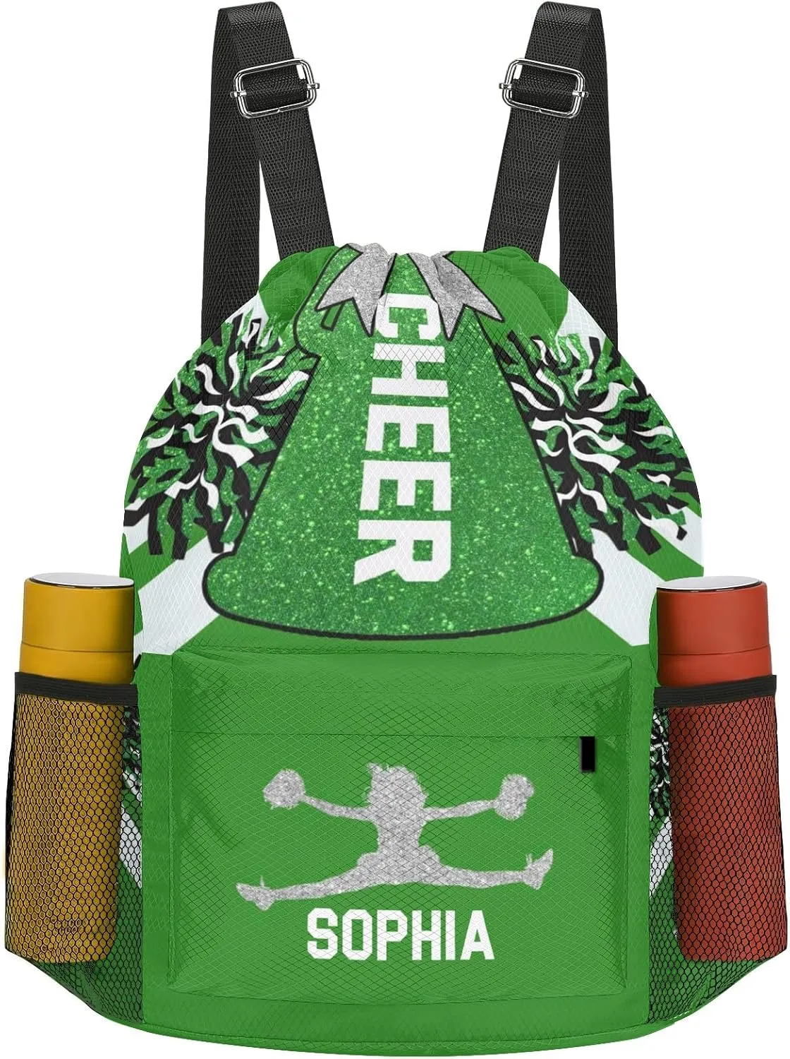 Cheer Green White Cheerleader dispense dwindle Bag with Side Pocket Pocket Water-Resistant String Backpack Cinch for Women Men Personalized Drawstring Backpack Sports Gym 