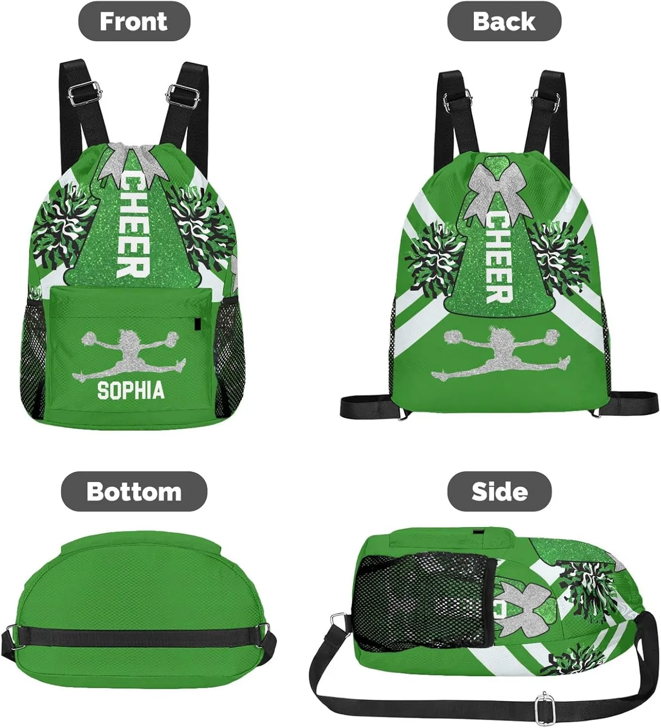 Cheer Green White Cheerleader dispense dwindle Bag with Side Pocket Pocket Water-Resistant String Backpack Cinch for Women Men Personalized Drawstring Backpack Sports Gym 