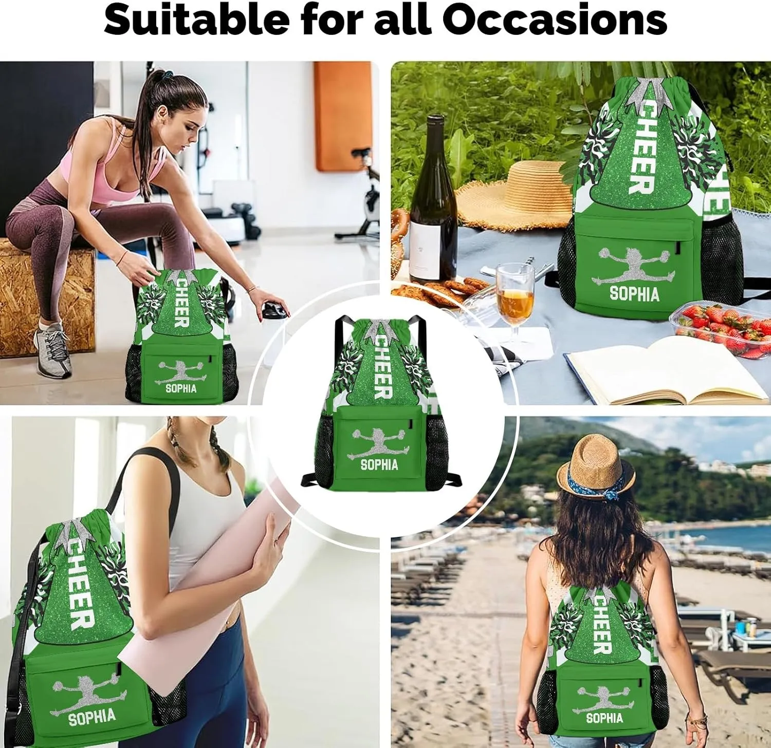 Cheer Green White Cheerleader dispense dwindle Bag with Side Pocket Pocket Water-Resistant String Backpack Cinch for Women Men Personalized Drawstring Backpack Sports Gym 