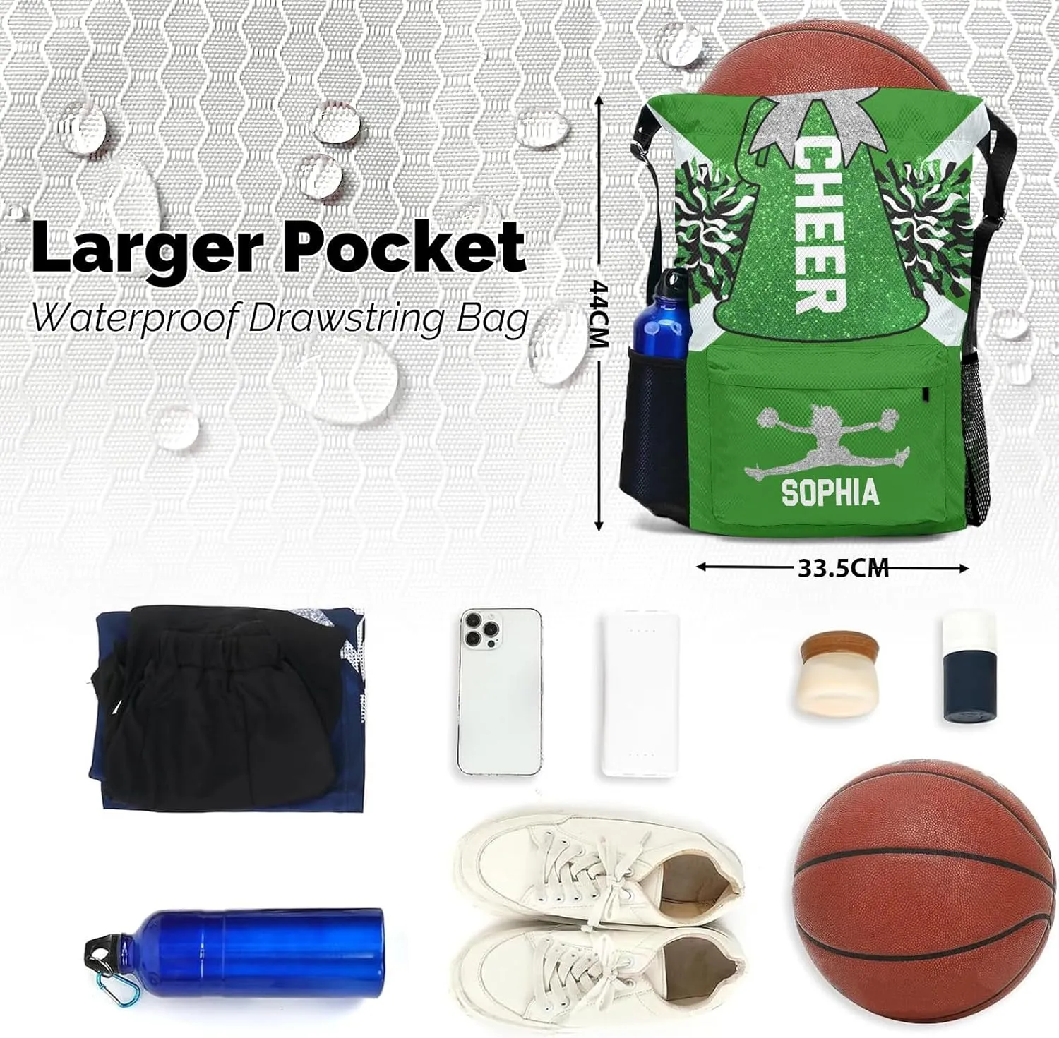 Cheer Green White Cheerleader dispense dwindle Bag with Side Pocket Pocket Water-Resistant String Backpack Cinch for Women Men Personalized Drawstring Backpack Sports Gym 