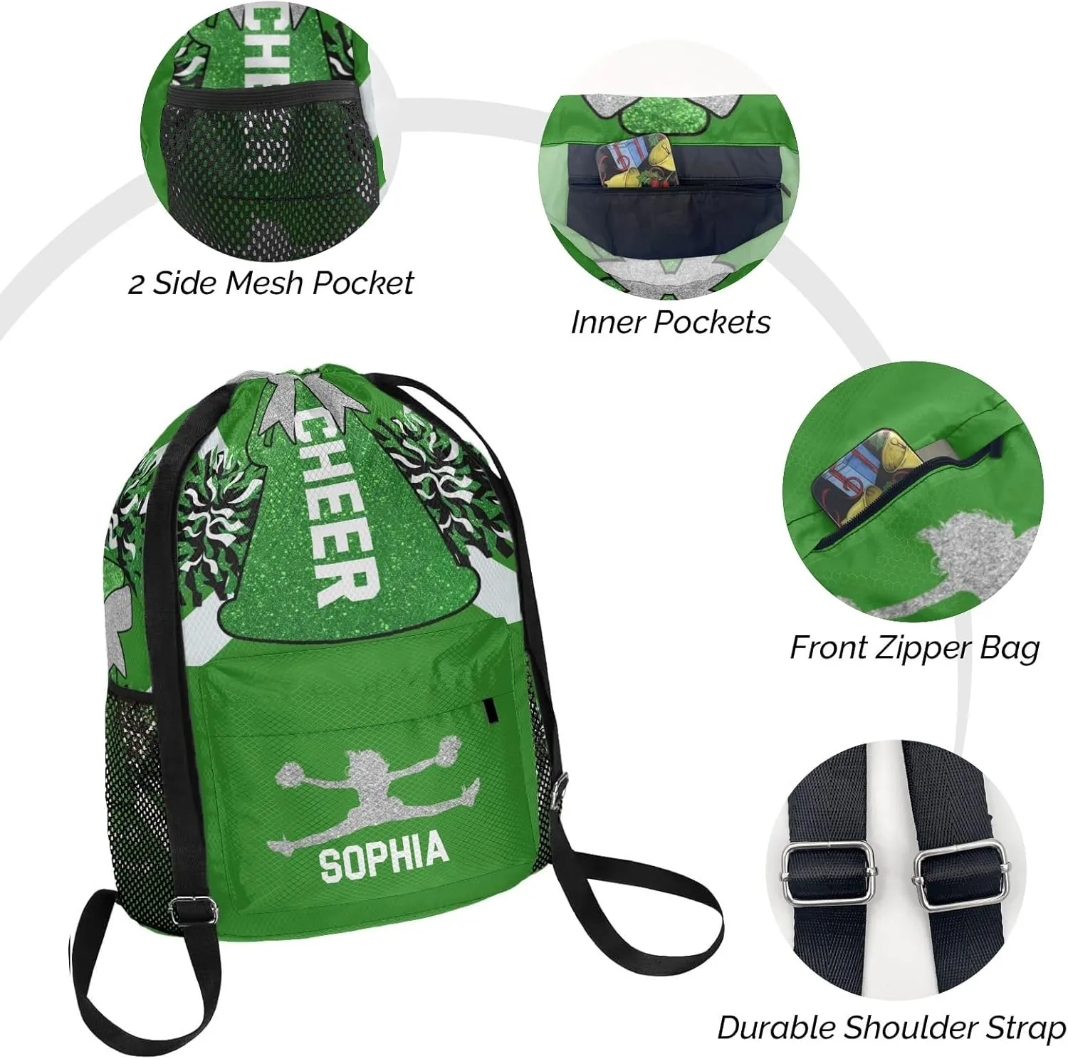 Cheer Green White Cheerleader dispense dwindle Bag with Side Pocket Pocket Water-Resistant String Backpack Cinch for Women Men Personalized Drawstring Backpack Sports Gym 