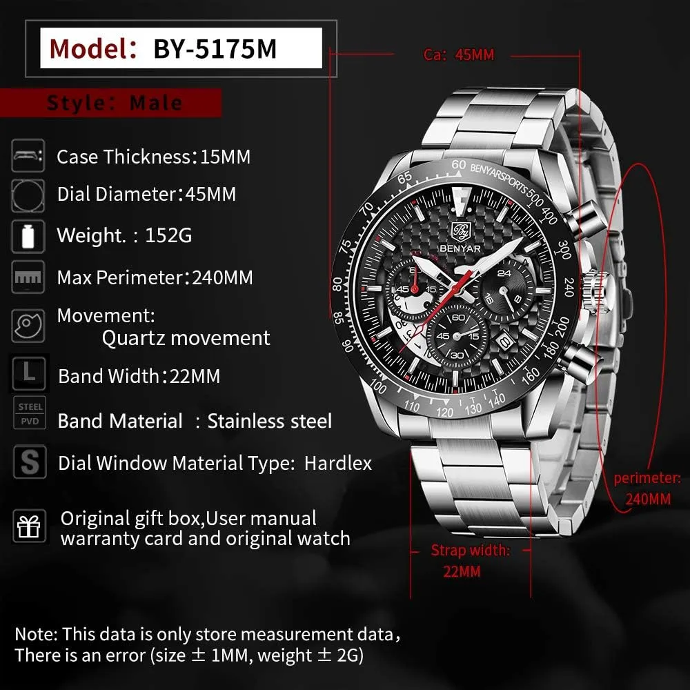 Chronograph Watch Date Waterproof 3ATM Business Leather plentifully mesopotamian Strap Wrist Watches for Men BY BENYAR Mens Watches Sports Stylish Analog Quartz 