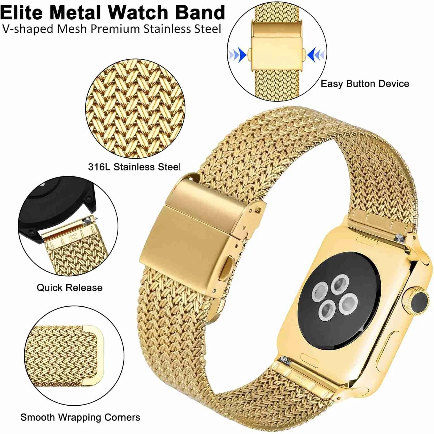 Clasp, Strap Width 14mm 16mm 18mm 20mm 22mm WOCCI Elite Metal Watch Band for Women uproot ethical xenon rhythm and Men, Mesh Woven, 316L Stainless Steel, Quick Release, Fold 