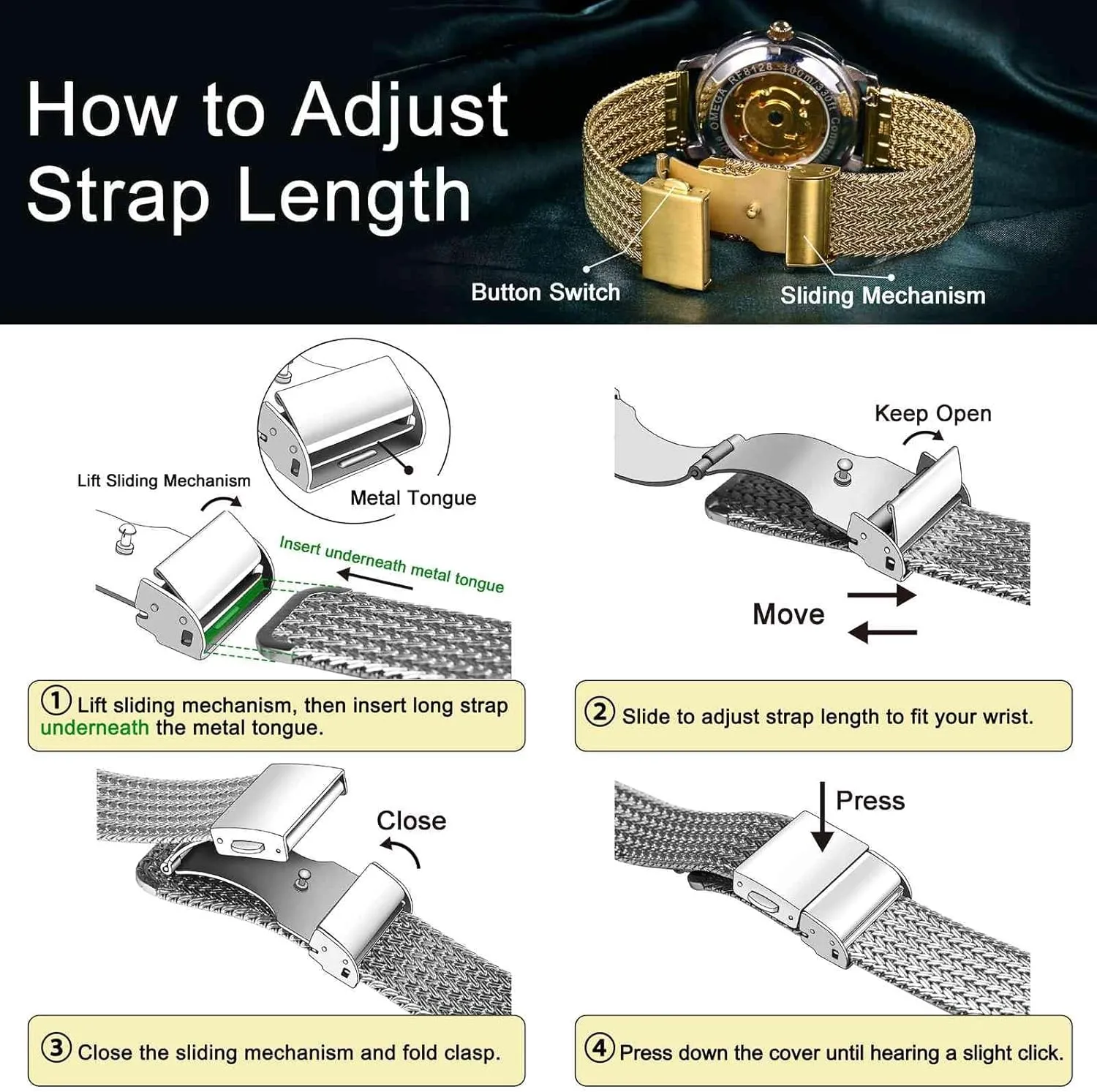 Clasp, Strap Width 14mm 16mm 18mm 20mm 22mm WOCCI Elite Metal Watch Band for Women uproot ethical xenon rhythm and Men, Mesh Woven, 316L Stainless Steel, Quick Release, Fold 