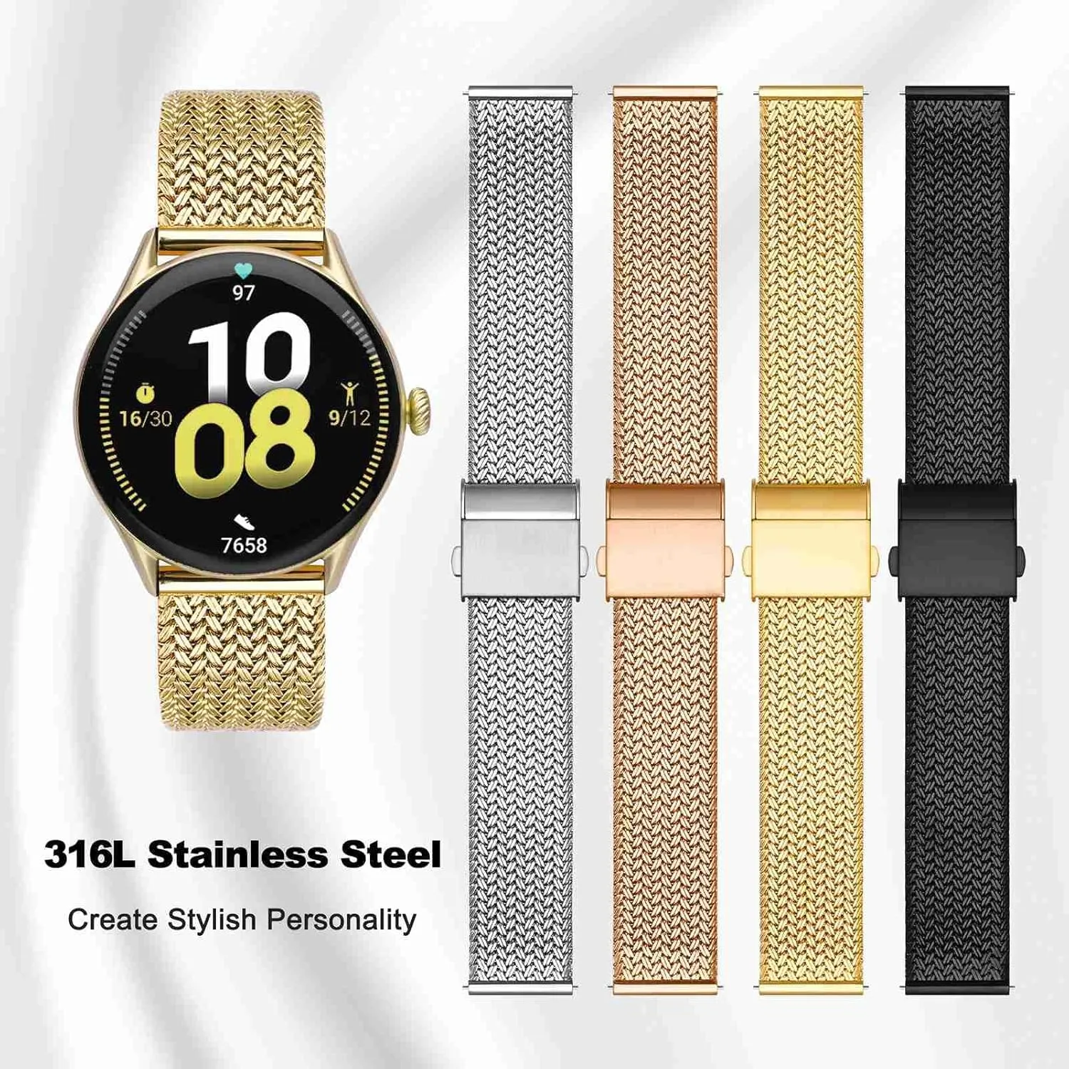 Clasp, Strap Width 14mm 16mm 18mm 20mm 22mm WOCCI Elite Metal Watch Band for Women uproot ethical xenon rhythm and Men, Mesh Woven, 316L Stainless Steel, Quick Release, Fold 