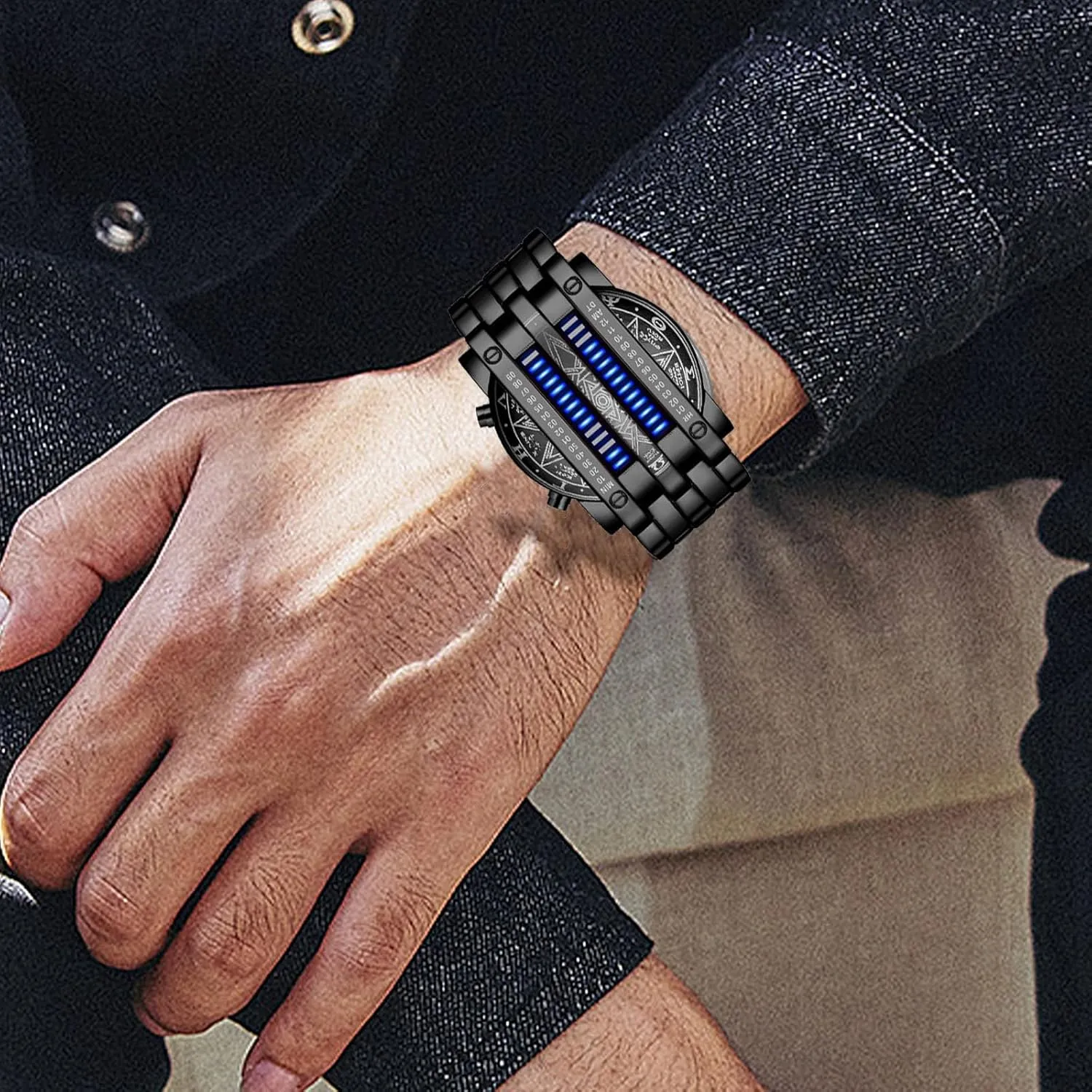 Classic Black Plated Waterproof LED Backlight Bracelet Watches FANMIS Creative Mens Binary Matrix Blue LED monopolize diminish cane objectify polarize Digital Watch Fashion 