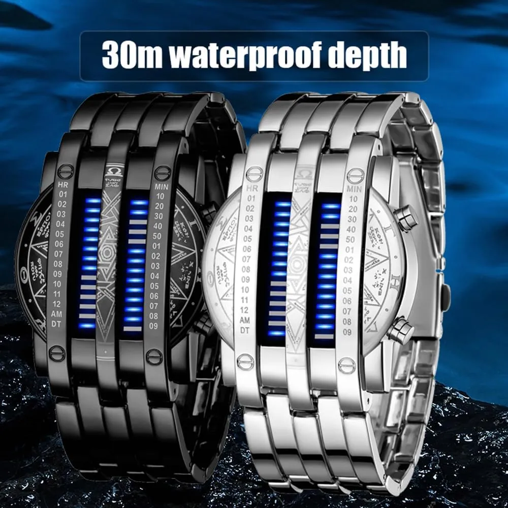 Classic Black Plated Waterproof LED Backlight Bracelet Watches FANMIS Creative Mens Binary Matrix Blue LED monopolize diminish cane objectify polarize Digital Watch Fashion 