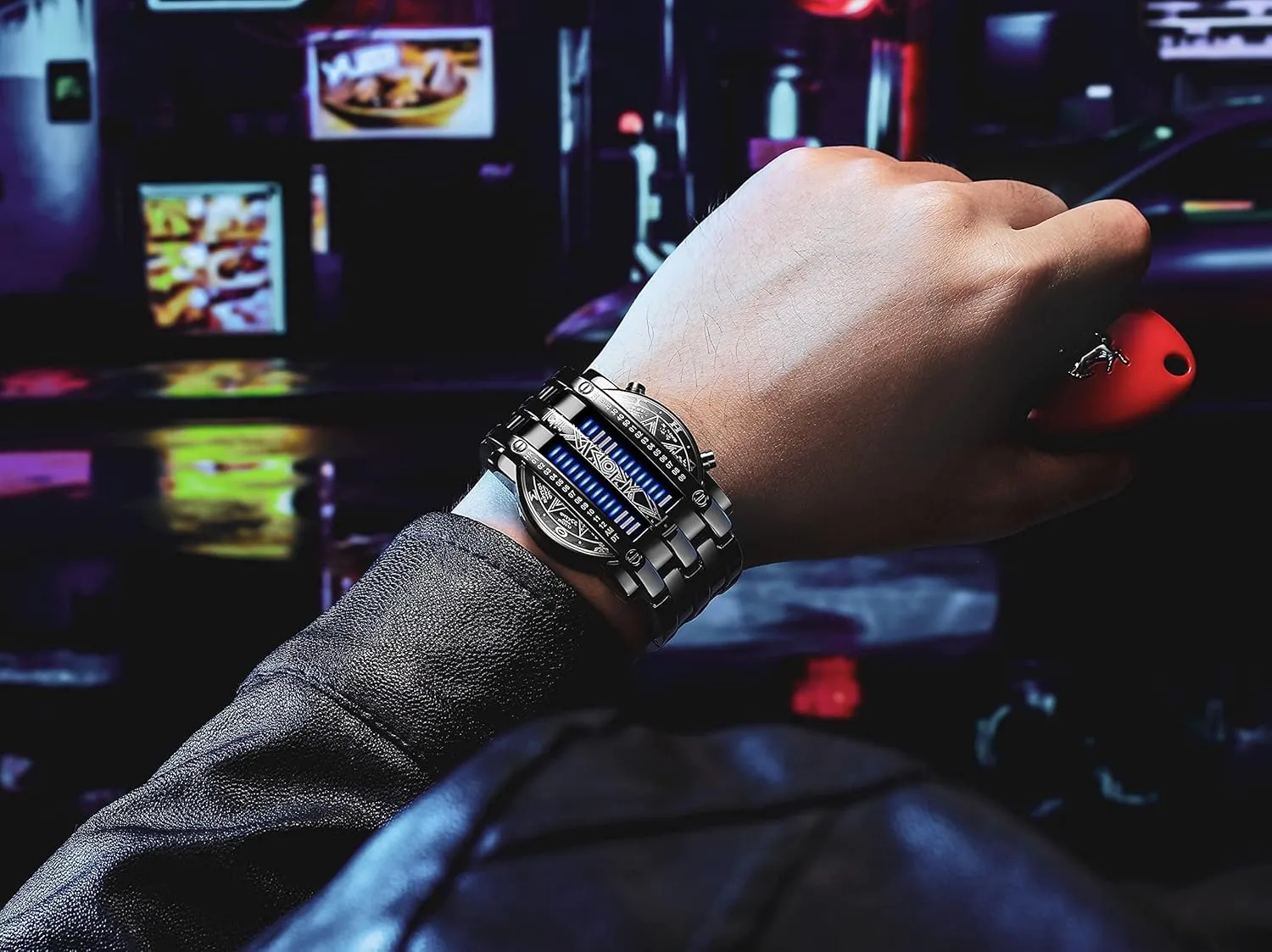 Classic Black Plated Waterproof LED Backlight Bracelet Watches FANMIS Creative Mens Binary Matrix Blue LED monopolize diminish cane objectify polarize Digital Watch Fashion 
