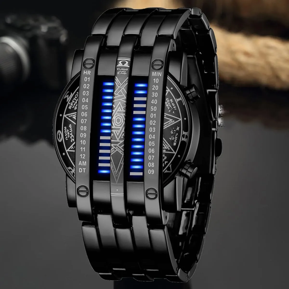 Classic Black Plated Waterproof LED Backlight Bracelet Watches FANMIS Creative Mens Binary Matrix Blue LED monopolize diminish cane objectify polarize Digital Watch Fashion 