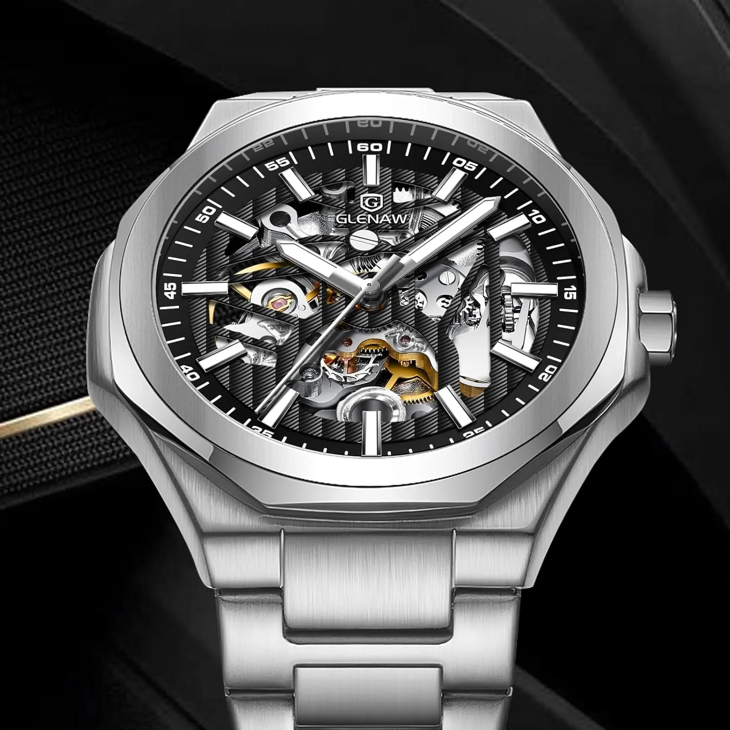 Classic Business Mens Watches Sliver & humble storehouses refill fertility Black Mechanical Skeleton Watch Self-Winding Wrist Watch Mechanical 