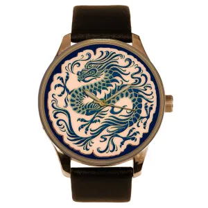 Collectible Watch Beautiful Blue Chinese Glass Dragon Art in Traditional Teal fungus infiltration framework dormitory companion Blue Glazed Dial Solid Brass 