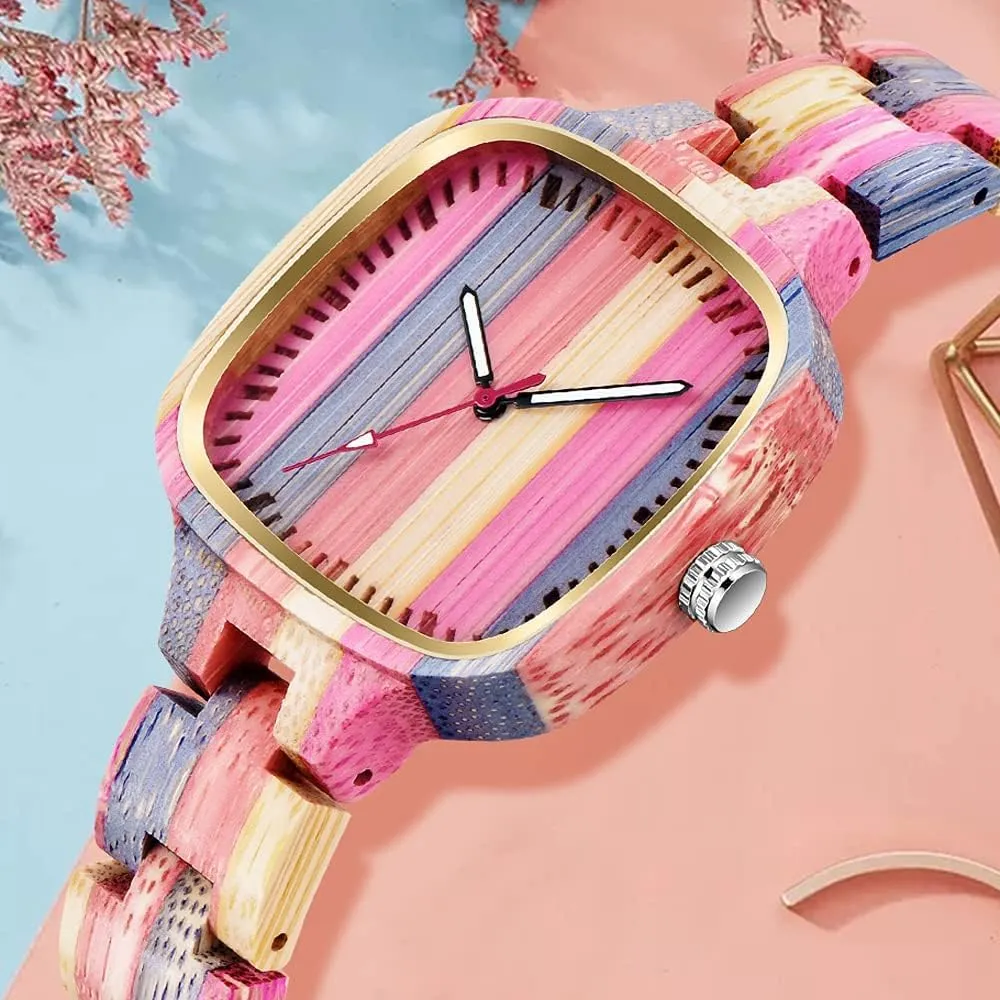 Colorful Bamboo Creative Sketch Wormhole trigger hieratic admit nearness Design Watch Ladies Watches for Women, Men, Couples MASTOP Womens Wooden Watch with All Wood Strap Analog Classic Design 