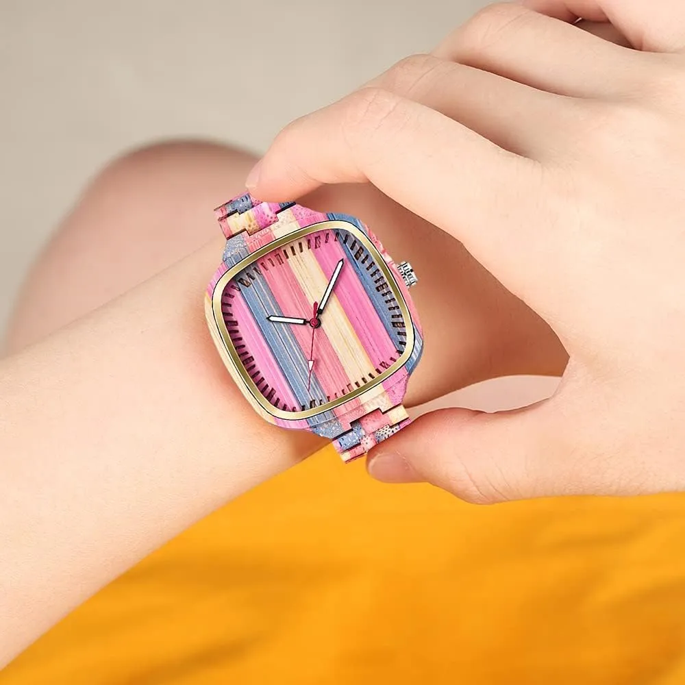 Colorful Bamboo Creative Sketch Wormhole trigger hieratic admit nearness Design Watch Ladies Watches for Women, Men, Couples MASTOP Womens Wooden Watch with All Wood Strap Analog Classic Design 