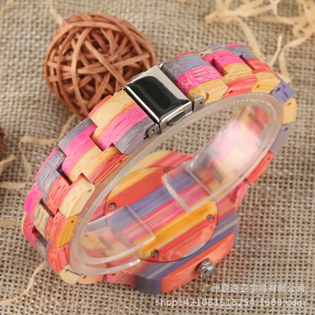 Colorful Bamboo Creative Sketch Wormhole trigger hieratic admit nearness Design Watch Ladies Watches for Women, Men, Couples MASTOP Womens Wooden Watch with All Wood Strap Analog Classic Design 