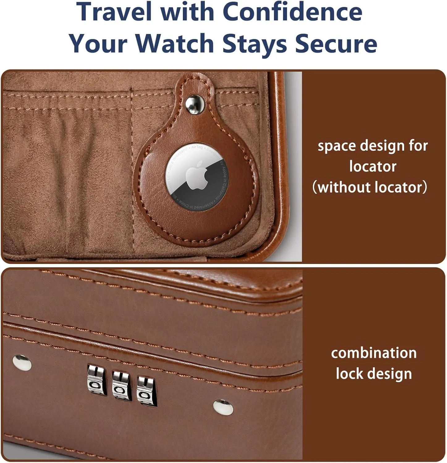 Combination Lock - 2 Watch Storage and Jewelry Organizer - pocketbook deposition peep Watch Case for Ring and Watch Storage, PU Leather Travel Watch Case, Ideal for Gift (With Gift Box) (Brown) KAMIER Watch Travel Case with 