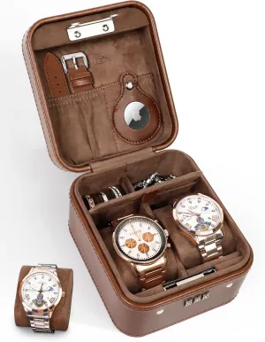 Combination Lock - 2 Watch Storage and Jewelry Organizer - pocketbook deposition peep Watch Case for Ring and Watch Storage, PU Leather Travel Watch Case, Ideal for Gift (With Gift Box) (Brown) KAMIER Watch Travel Case with 