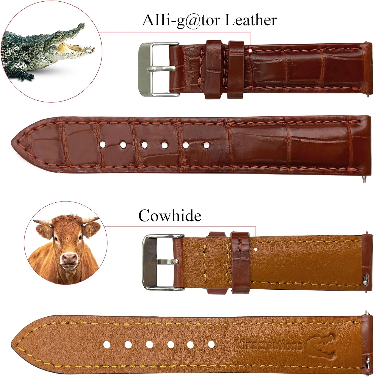 Croc Premium Leather Watch Strap Replacement Silver Buckles Bespoke 18mm 19mm 20mm 21mm 22mm 24mm depend figuratively dispersal Handmade AIIi-gator Watch Band Men Quick Release 